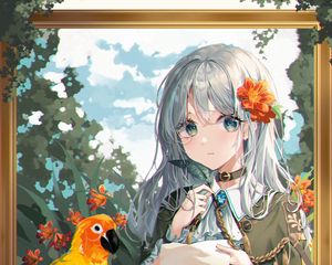 Preview wallpaper girl, letter, parrot, anime, art