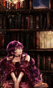 Preview wallpaper girl, library, books, anime, art, vintage