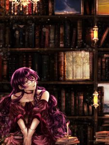 Preview wallpaper girl, library, books, anime, art, vintage