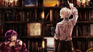 Preview wallpaper girl, library, books, anime, art, vintage