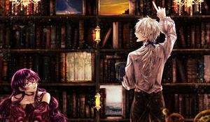 Preview wallpaper girl, library, books, anime, art, vintage