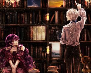 Preview wallpaper girl, library, books, anime, art, vintage