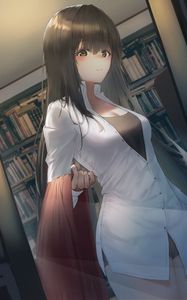 Preview wallpaper girl, library, books, anime, art