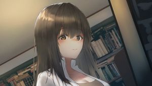 Preview wallpaper girl, library, books, anime, art