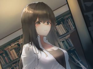 Preview wallpaper girl, library, books, anime, art