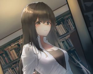 Preview wallpaper girl, library, books, anime, art