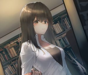 Preview wallpaper girl, library, books, anime, art