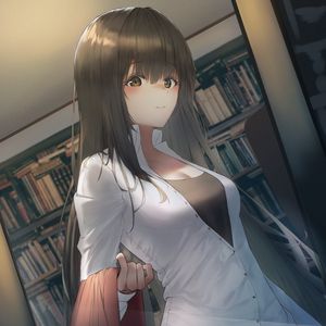 Preview wallpaper girl, library, books, anime, art