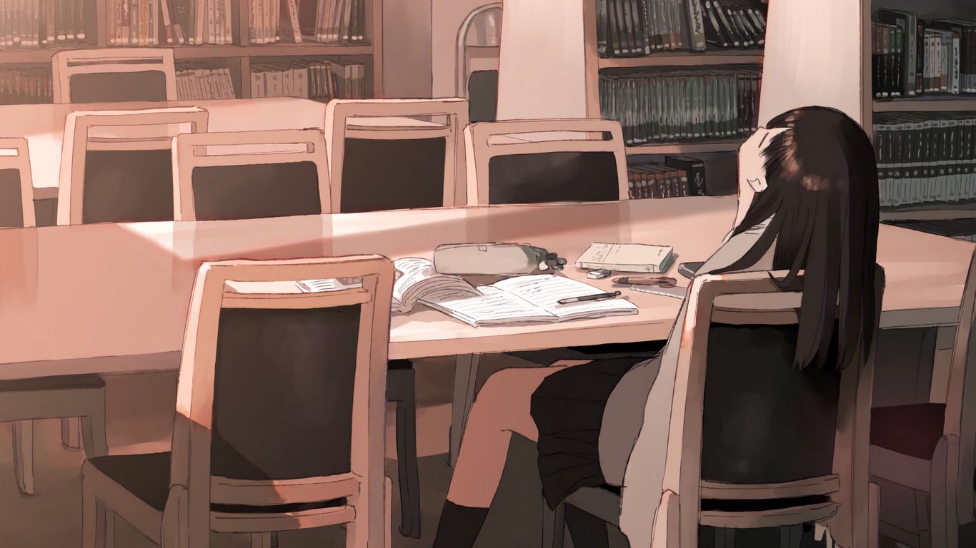 Download wallpaper 1366x768 girl, library, study, anime tablet, laptop hd  background