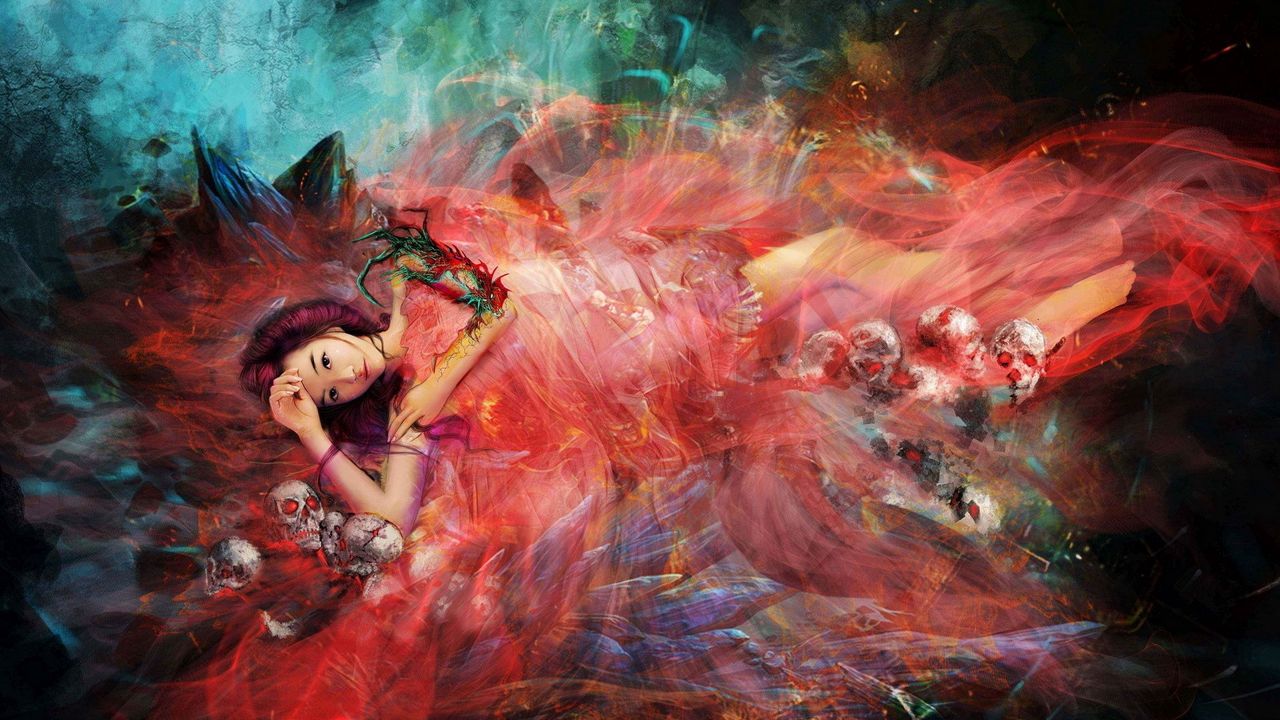 Wallpaper girl, lies, bed, dream, paint, fantasy, surrealism
