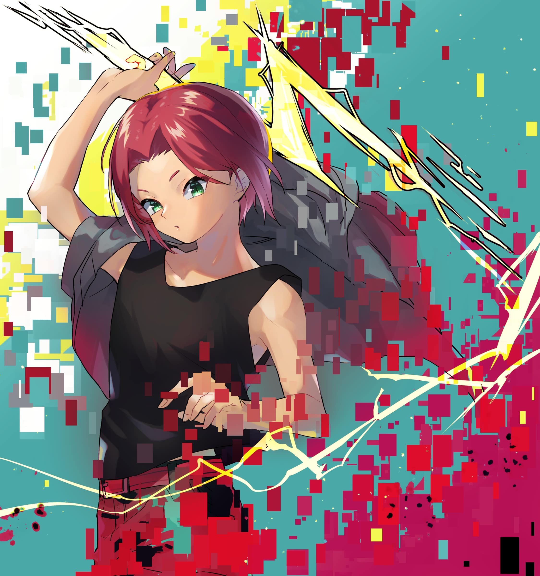 Download wallpaper 2250x2400 girl, lightning, pixels, anime, art hd background
