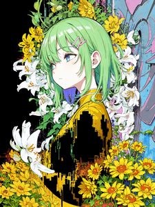 Preview wallpaper girl, lilies, flowers, hairpin, anime