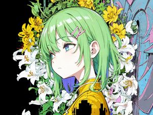 Preview wallpaper girl, lilies, flowers, hairpin, anime