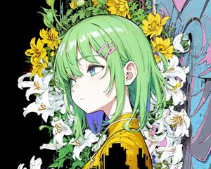 Preview wallpaper girl, lilies, flowers, hairpin, anime