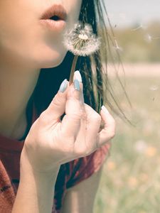 Preview wallpaper girl, lips, dandelion, breath, grass