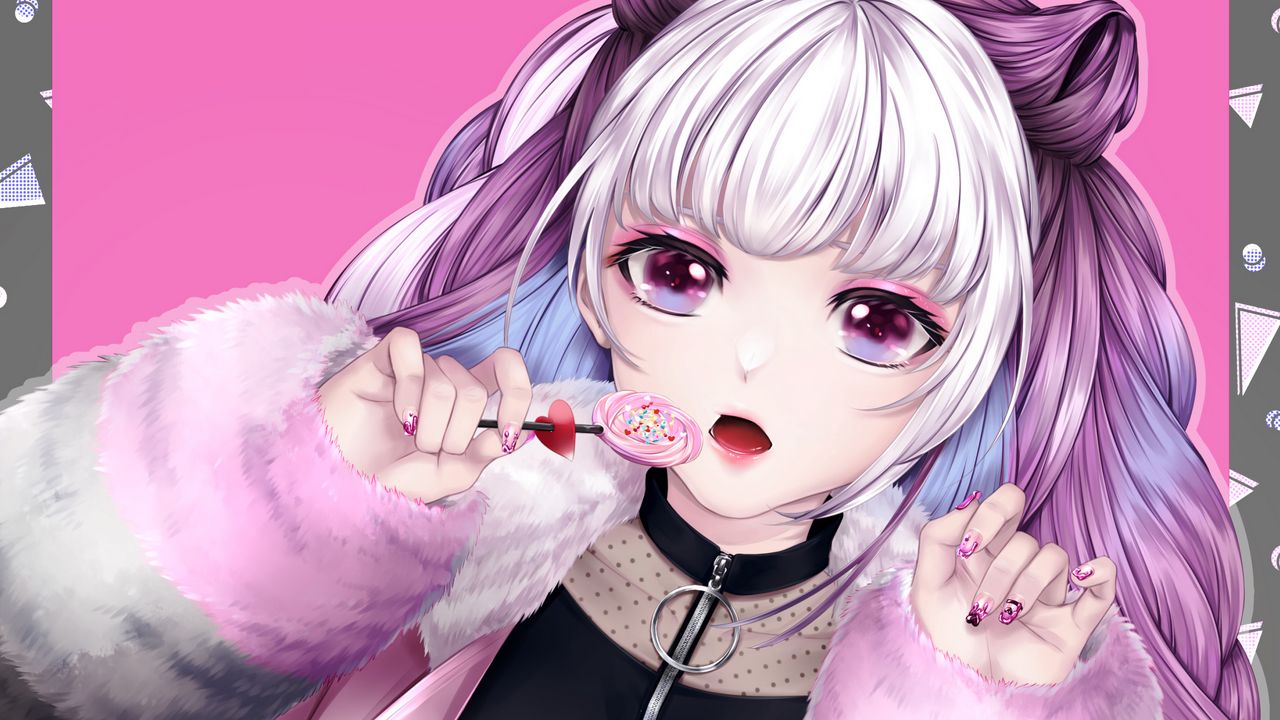 Wallpaper girl, lollipop, heart, anime, art, purple