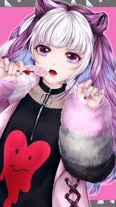 Preview wallpaper girl, lollipop, heart, anime, art, purple