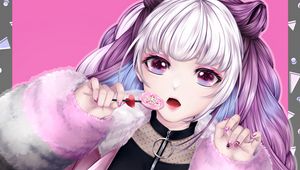 Preview wallpaper girl, lollipop, heart, anime, art, purple
