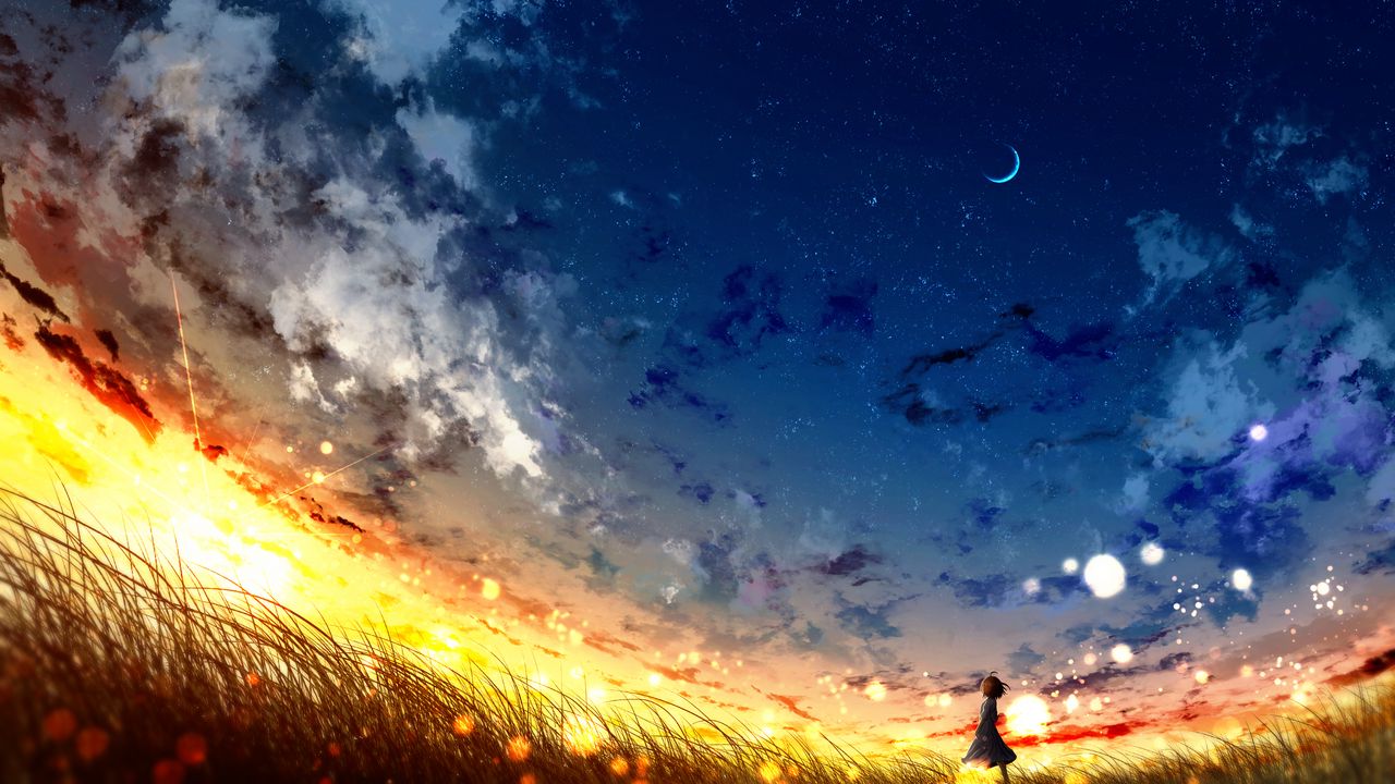 Wallpaper girl, loneliness, alone, night, moon, art