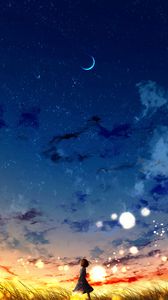 Preview wallpaper girl, loneliness, alone, night, moon, art