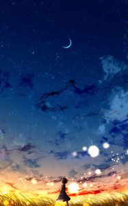 Preview wallpaper girl, loneliness, alone, night, moon, art