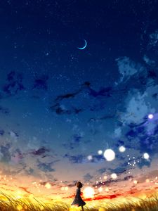 Preview wallpaper girl, loneliness, alone, night, moon, art