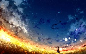 Preview wallpaper girl, loneliness, alone, night, moon, art