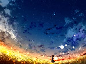 Preview wallpaper girl, loneliness, alone, night, moon, art