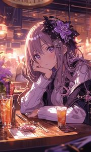 Preview wallpaper girl, look, decorations, cafe, drink, anime