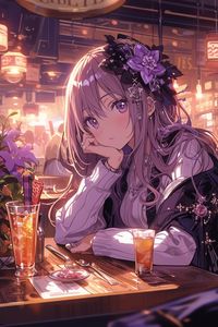 Preview wallpaper girl, look, decorations, cafe, drink, anime
