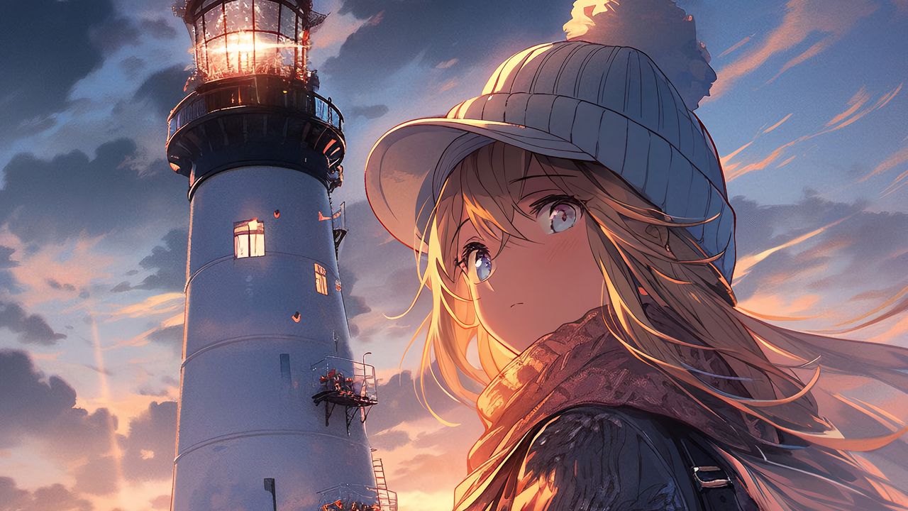 Wallpaper girl, look, lighthouse, hat, scarf, flowers, anime