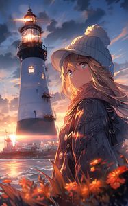 Preview wallpaper girl, look, lighthouse, hat, scarf, flowers, anime