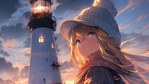 Preview wallpaper girl, look, lighthouse, hat, scarf, flowers, anime