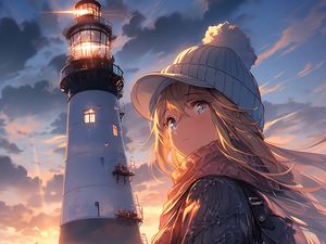 Preview wallpaper girl, look, lighthouse, hat, scarf, flowers, anime