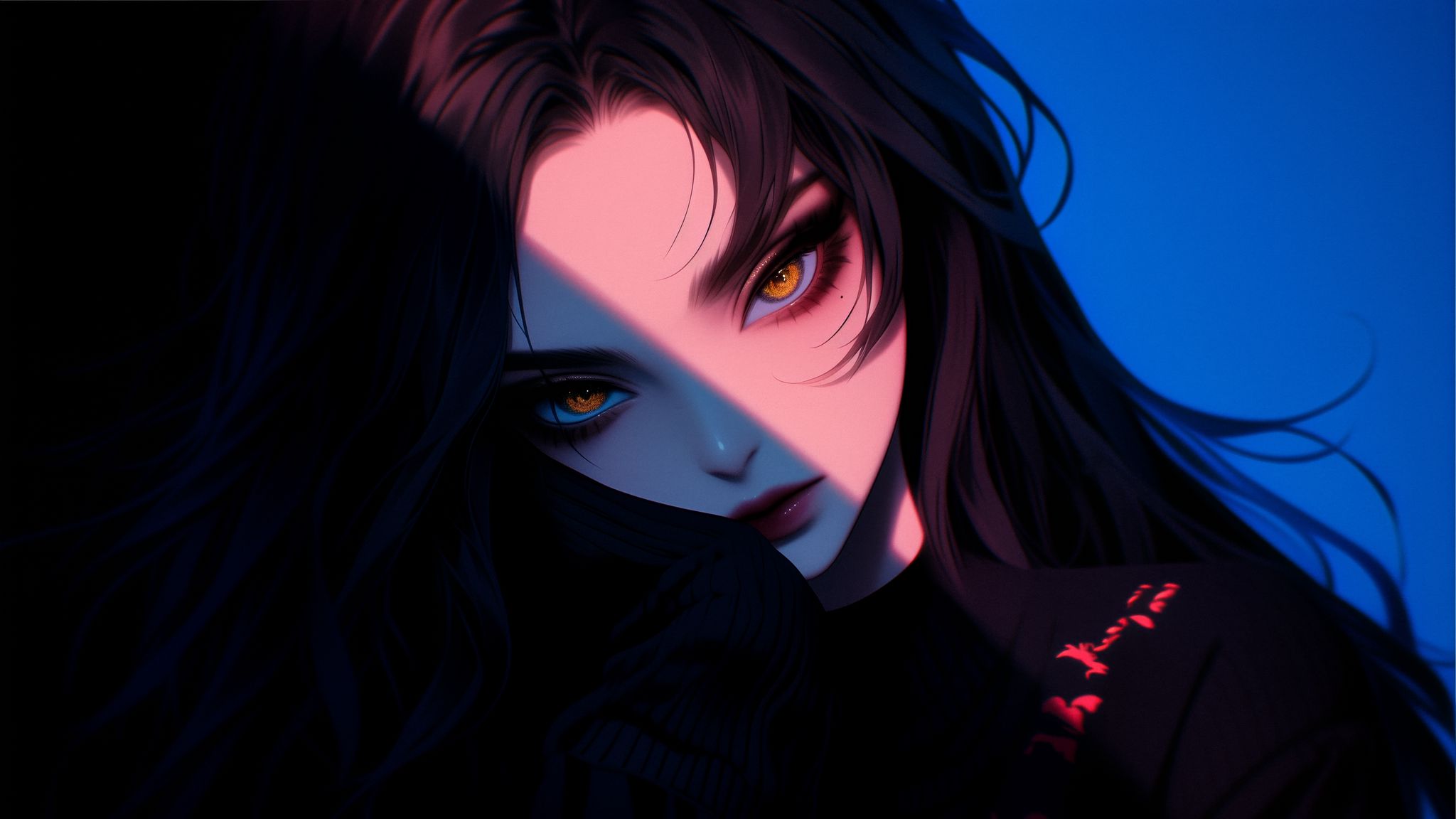2048x1152 Wallpaper girl, look, makeup, dark, anime, art