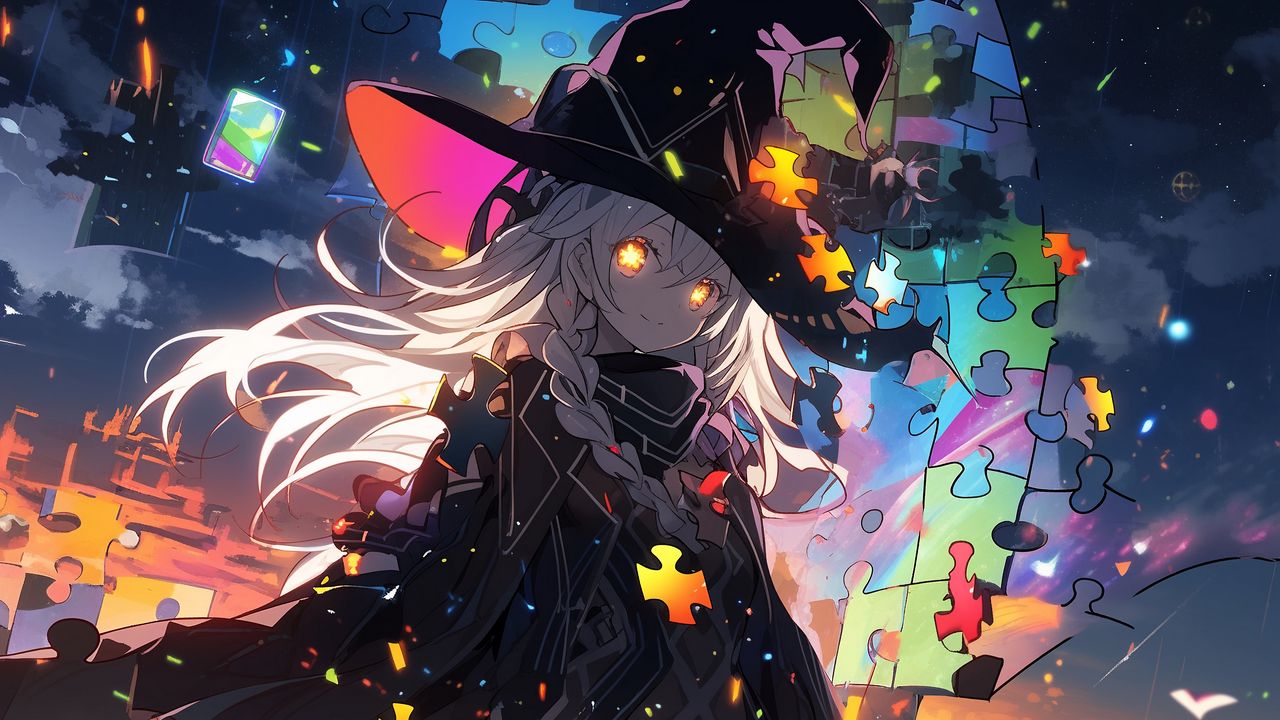 Wallpaper girl, magician, hat, puzzle, anime