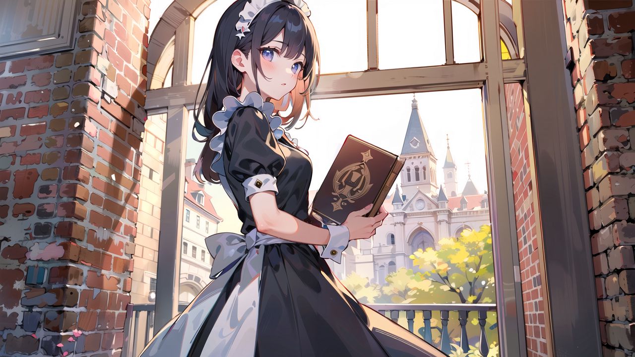 Wallpaper girl, maid, book, window, anime