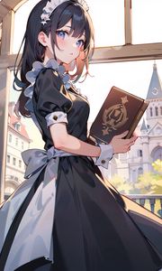 Preview wallpaper girl, maid, book, window, anime