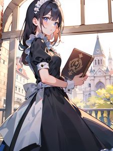 Preview wallpaper girl, maid, book, window, anime