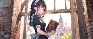 Preview wallpaper girl, maid, book, window, anime