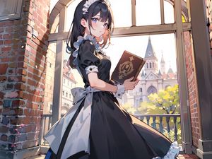 Preview wallpaper girl, maid, book, window, anime