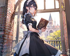 Preview wallpaper girl, maid, book, window, anime