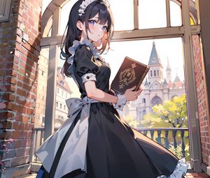 Preview wallpaper girl, maid, book, window, anime