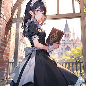 Preview wallpaper girl, maid, book, window, anime