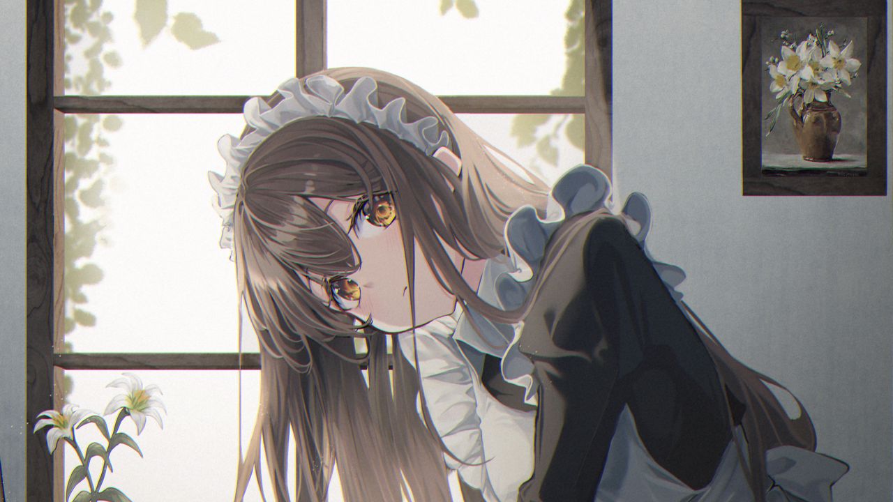 Wallpaper girl, maid, glance, anime, art, cartoon