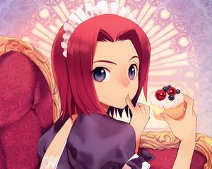 Preview wallpaper girl, maid, sofa, cake, surpris