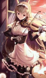 Preview wallpaper girl, maid, violin, birds, anime, art