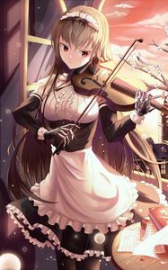 Preview wallpaper girl, maid, violin, birds, anime, art