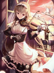 Preview wallpaper girl, maid, violin, birds, anime, art