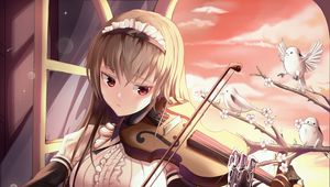 Preview wallpaper girl, maid, violin, birds, anime, art